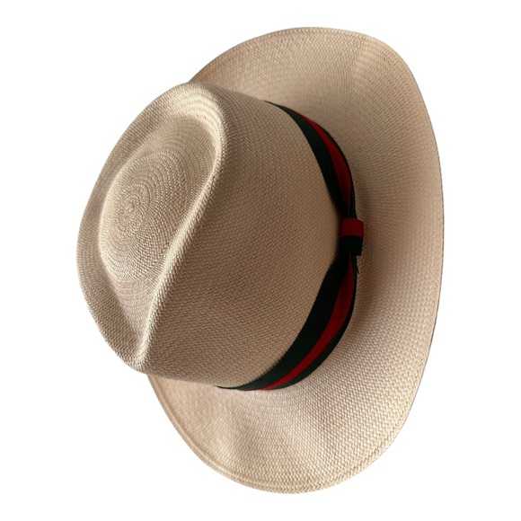 Handcrafted Straw Panama Style Hat with Green and Red Grosgrain Ribbon - Picture 4 of 7